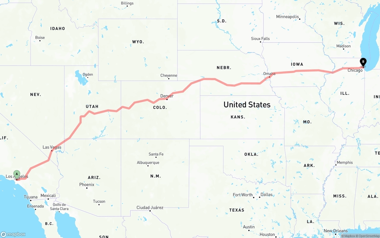 Shipping route from Los Angeles to Chicago