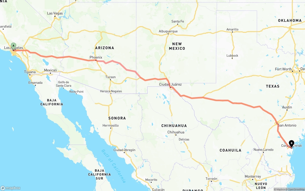 Shipping route from Los Angeles to Corpus Christi