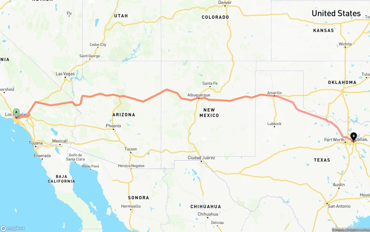 Shipping route from Los Angeles to Dallas