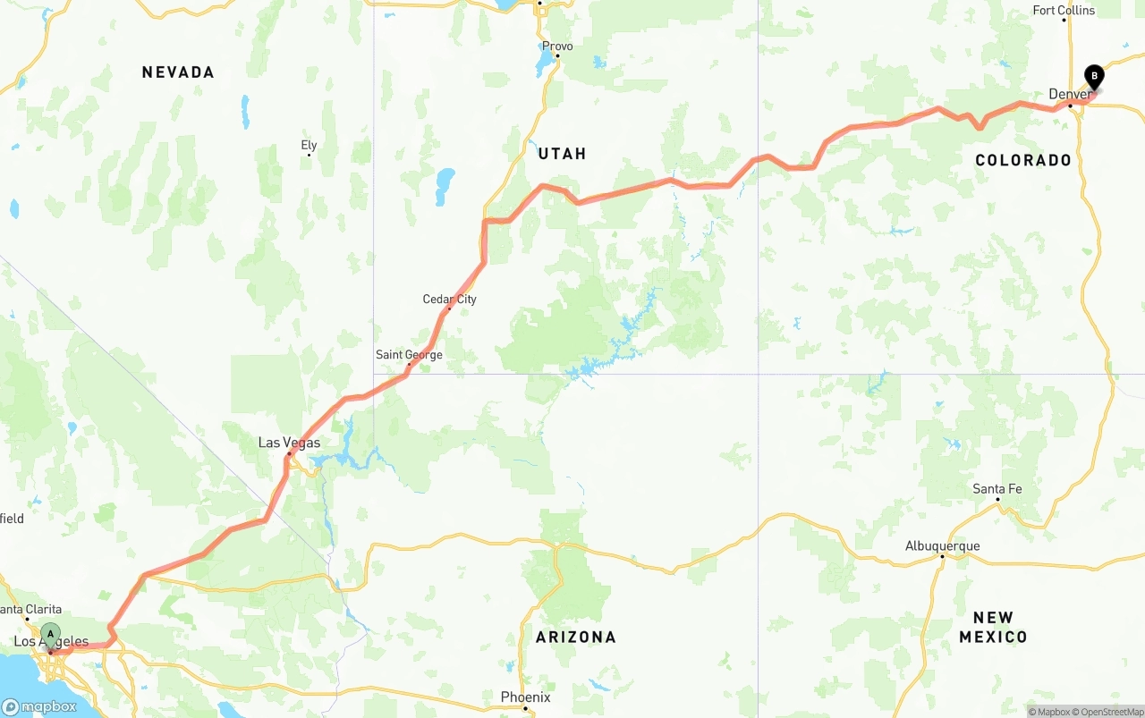 Shipping route from Los Angeles to Denver International Airport
