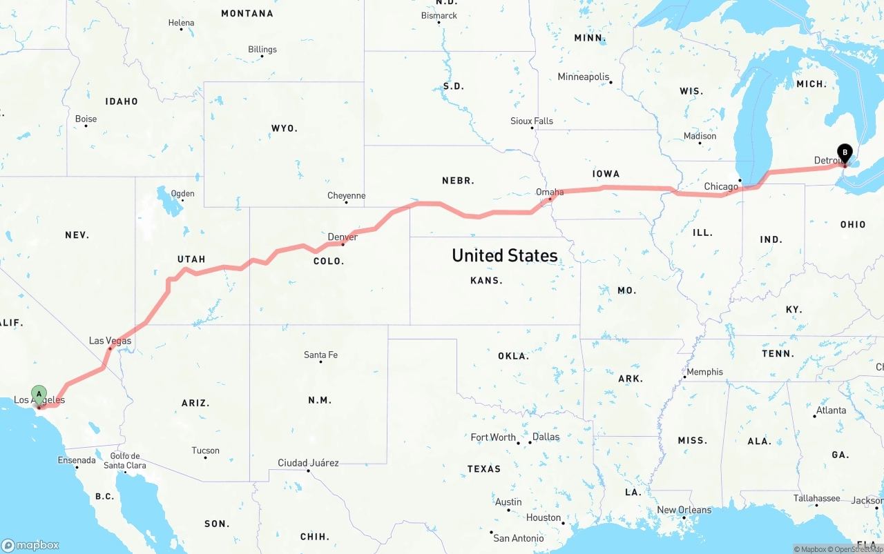 Shipping route from Los Angeles to Detroit
