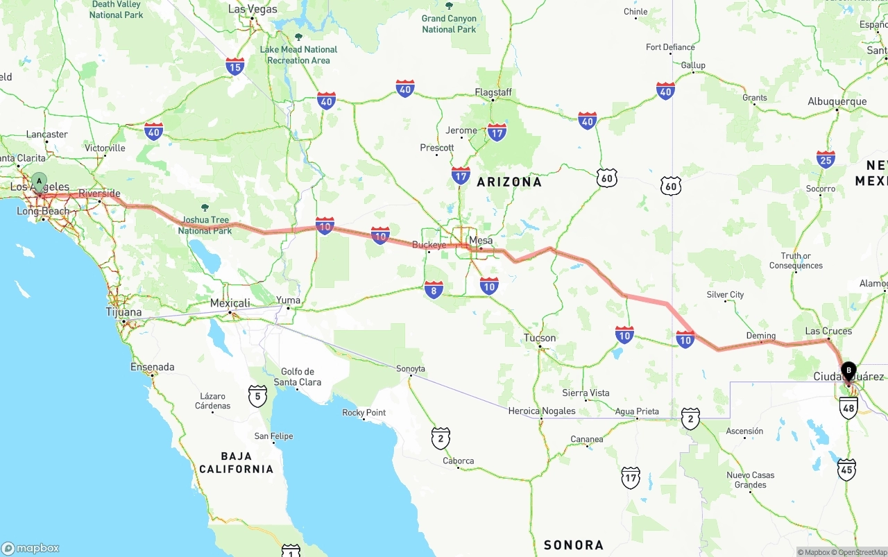 Shipping route from Los Angeles to El Paso
