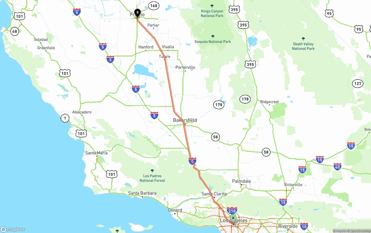 Shipping route from Los Angeles to Fresno