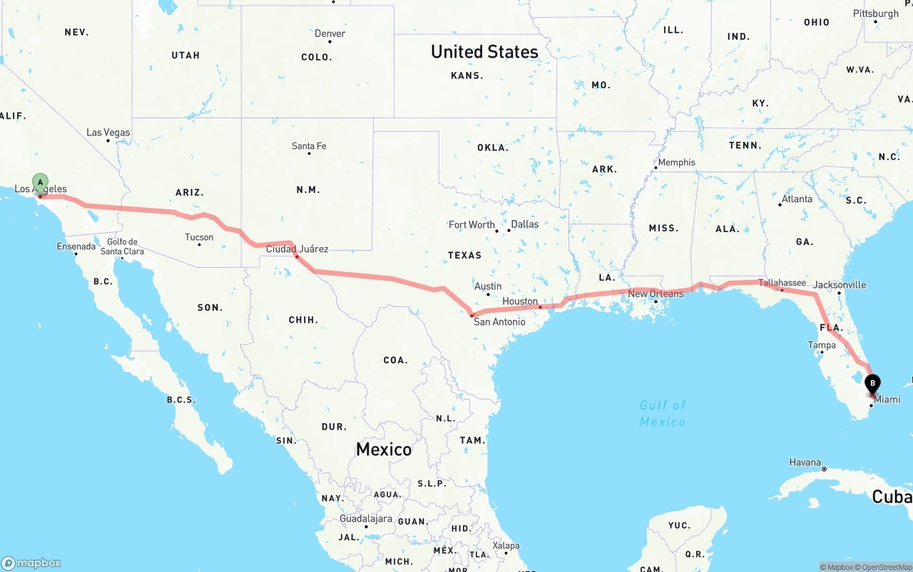 Shipping route from Los Angeles to Ft. Lauderdale