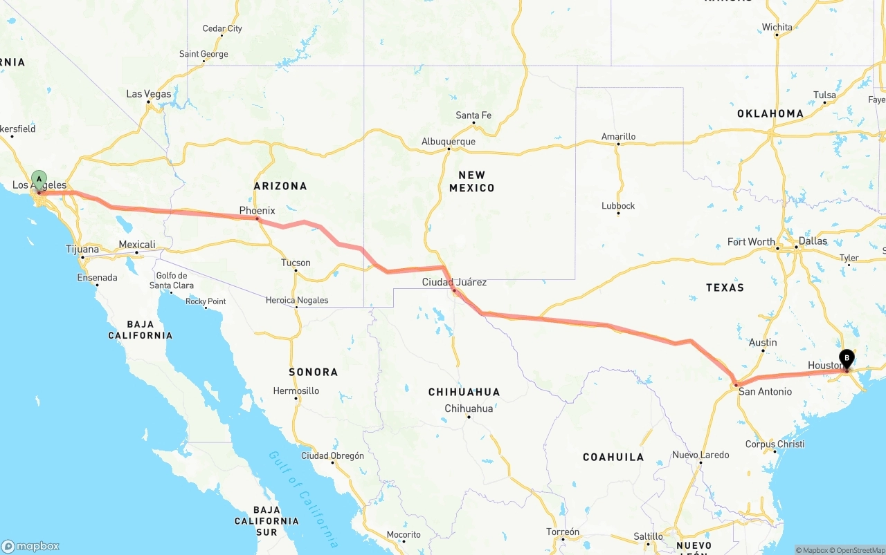 Shipping route from Los Angeles to Houston