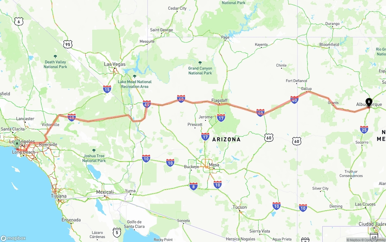 Shipping route from Los Angeles International Airport to Albuquerque
