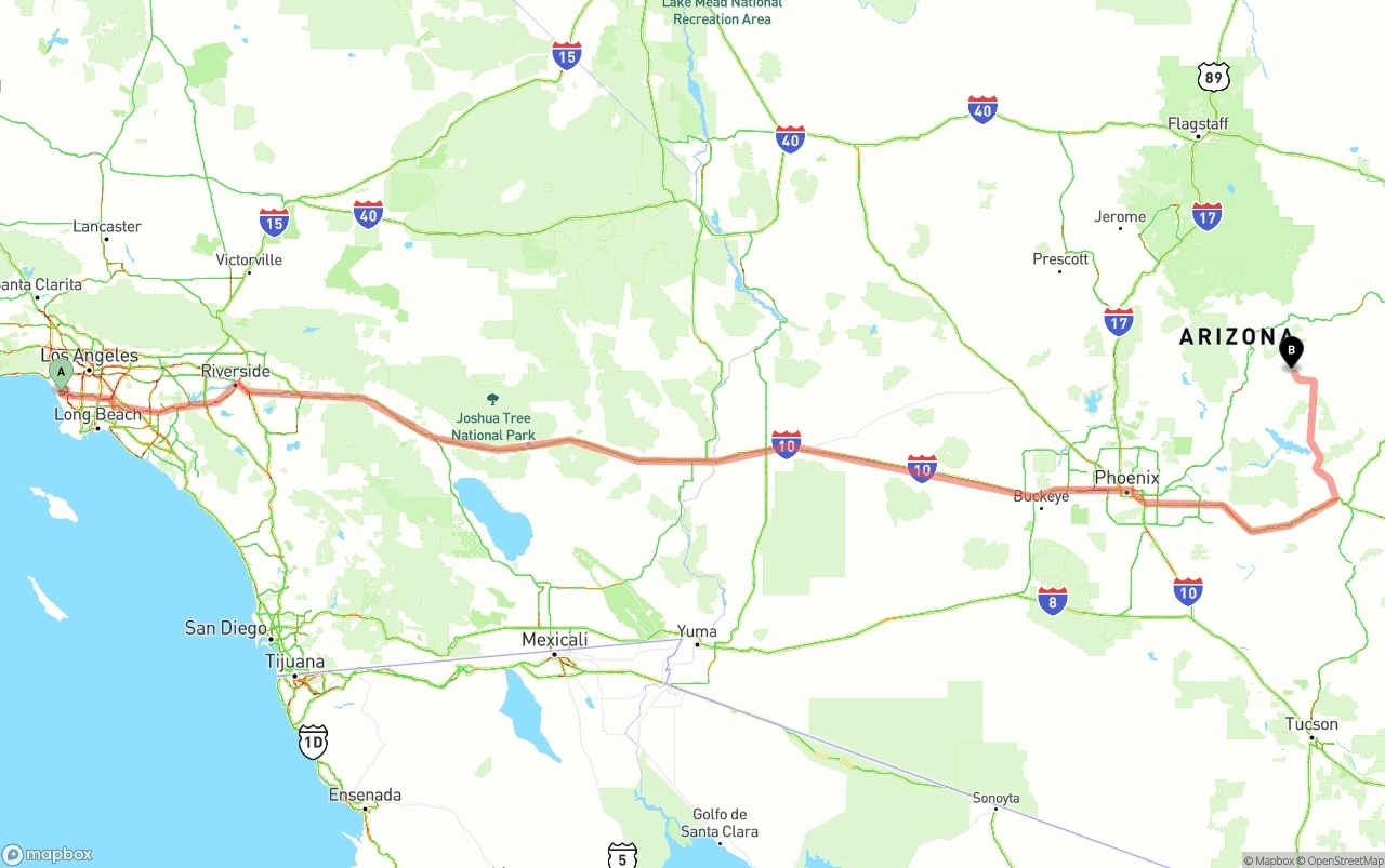 Shipping route from Los Angeles International Airport to Arizona