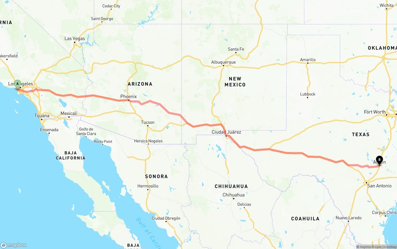 Shipping route from Los Angeles International Airport to Austin