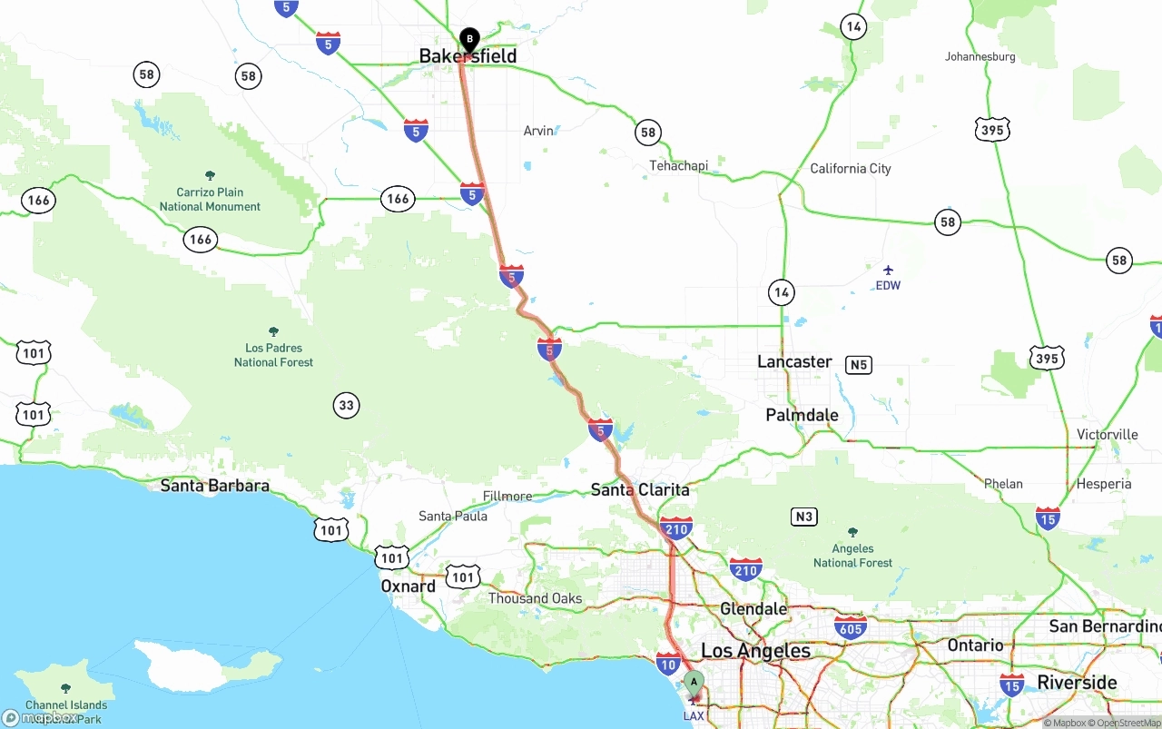 Shipping route from Los Angeles International Airport to Bakersfield