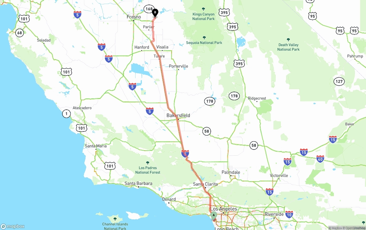 Shipping route from Los Angeles International Airport to California