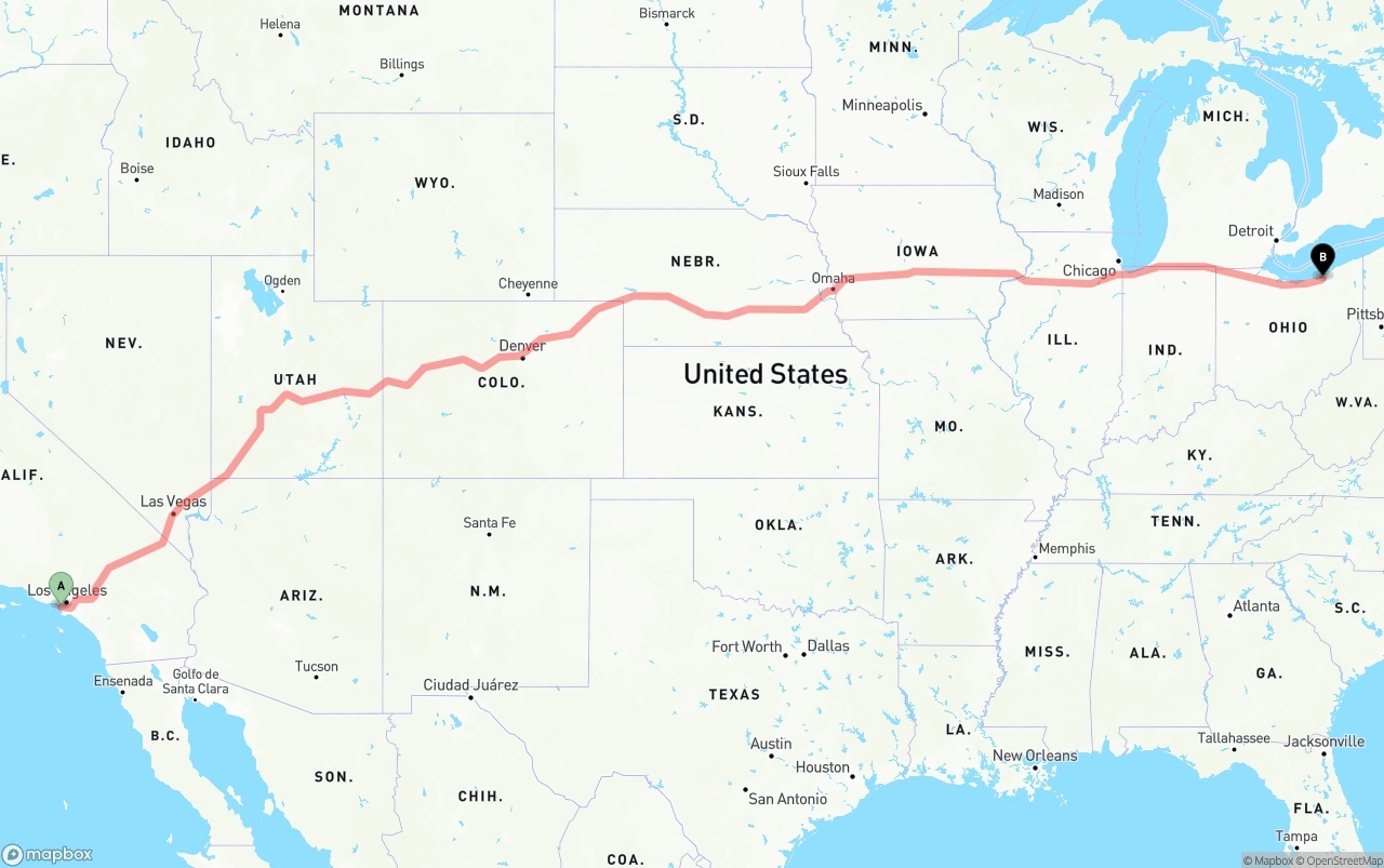 Shipping route from Los Angeles International Airport to Cleveland