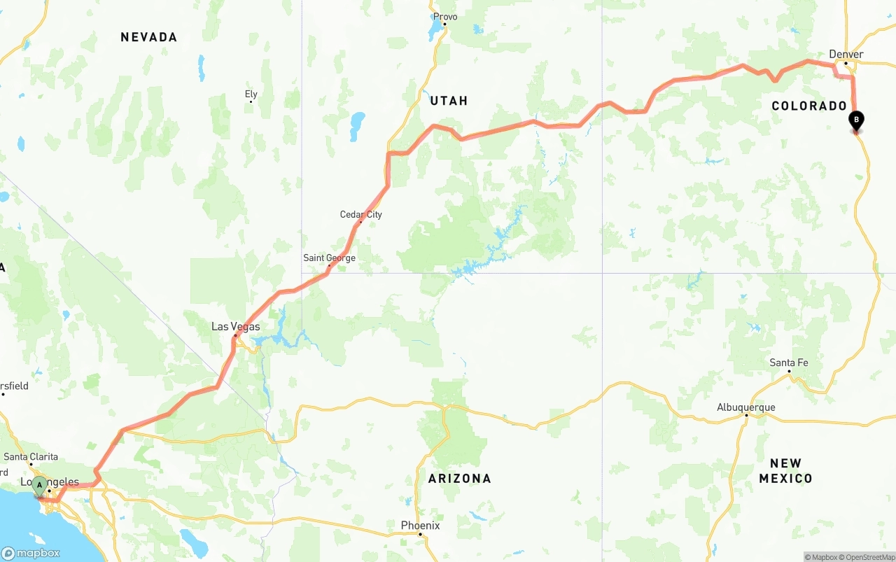 Shipping route from Los Angeles International Airport to Colorado Springs