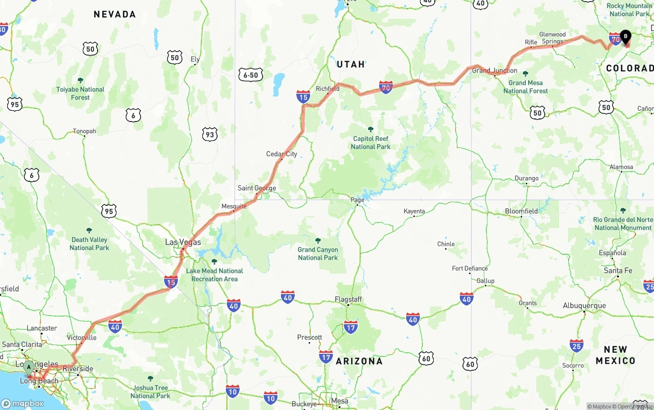 Shipping route from Los Angeles International Airport to Colorado