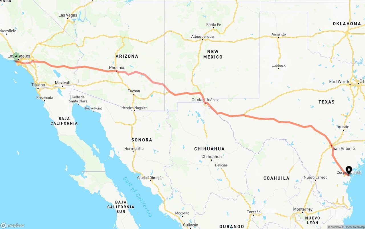 Shipping route from Los Angeles International Airport to Corpus Christi