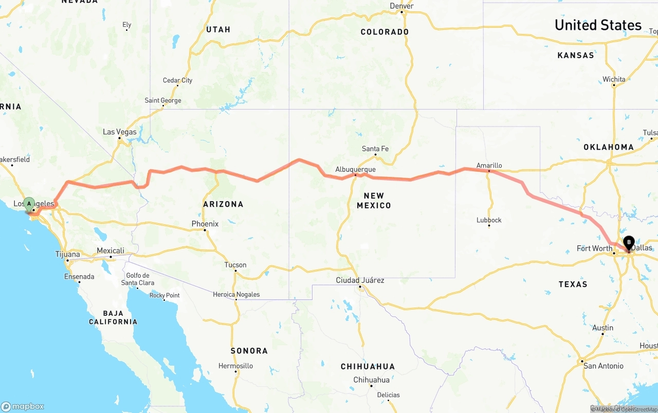 Shipping route from Los Angeles International Airport to Dallas