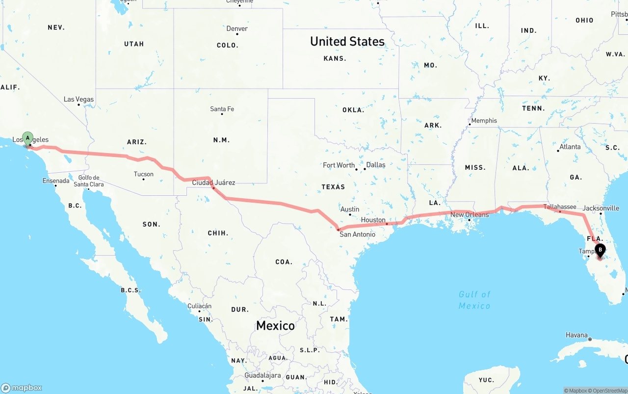 Shipping route from Los Angeles International Airport to Florida