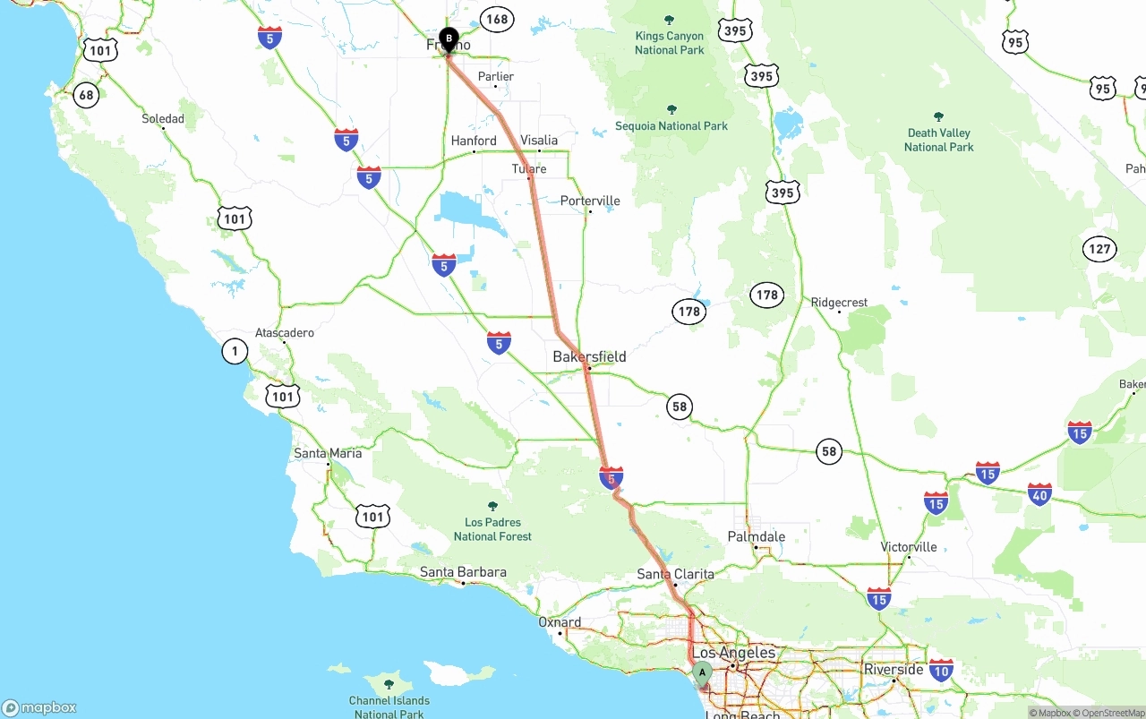 Shipping route from Los Angeles International Airport to Fresno