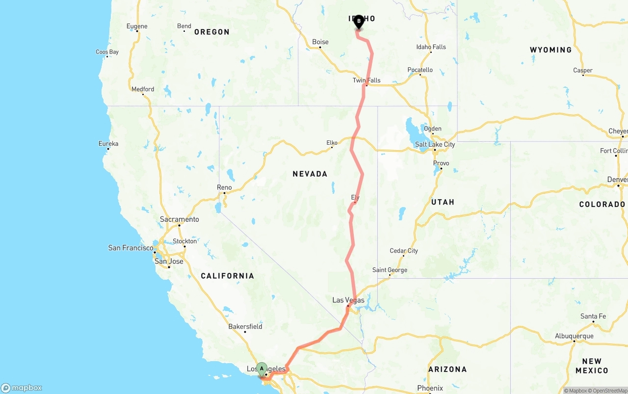 Shipping route from Los Angeles International Airport to Idaho