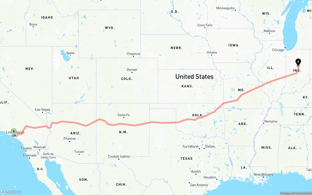 Shipping route from Los Angeles International Airport to Indiana