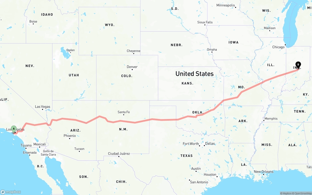 Shipping route from Los Angeles International Airport to Indianapolis