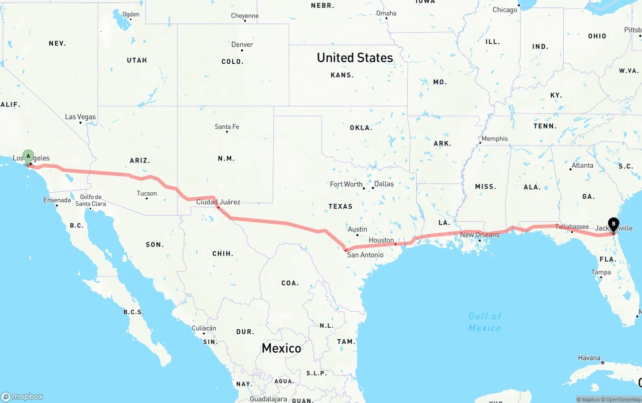Shipping route from Los Angeles International Airport to Jacksonville