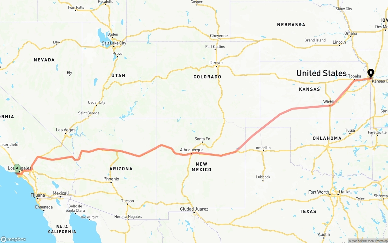 Shipping route from Los Angeles International Airport to Kansas City
