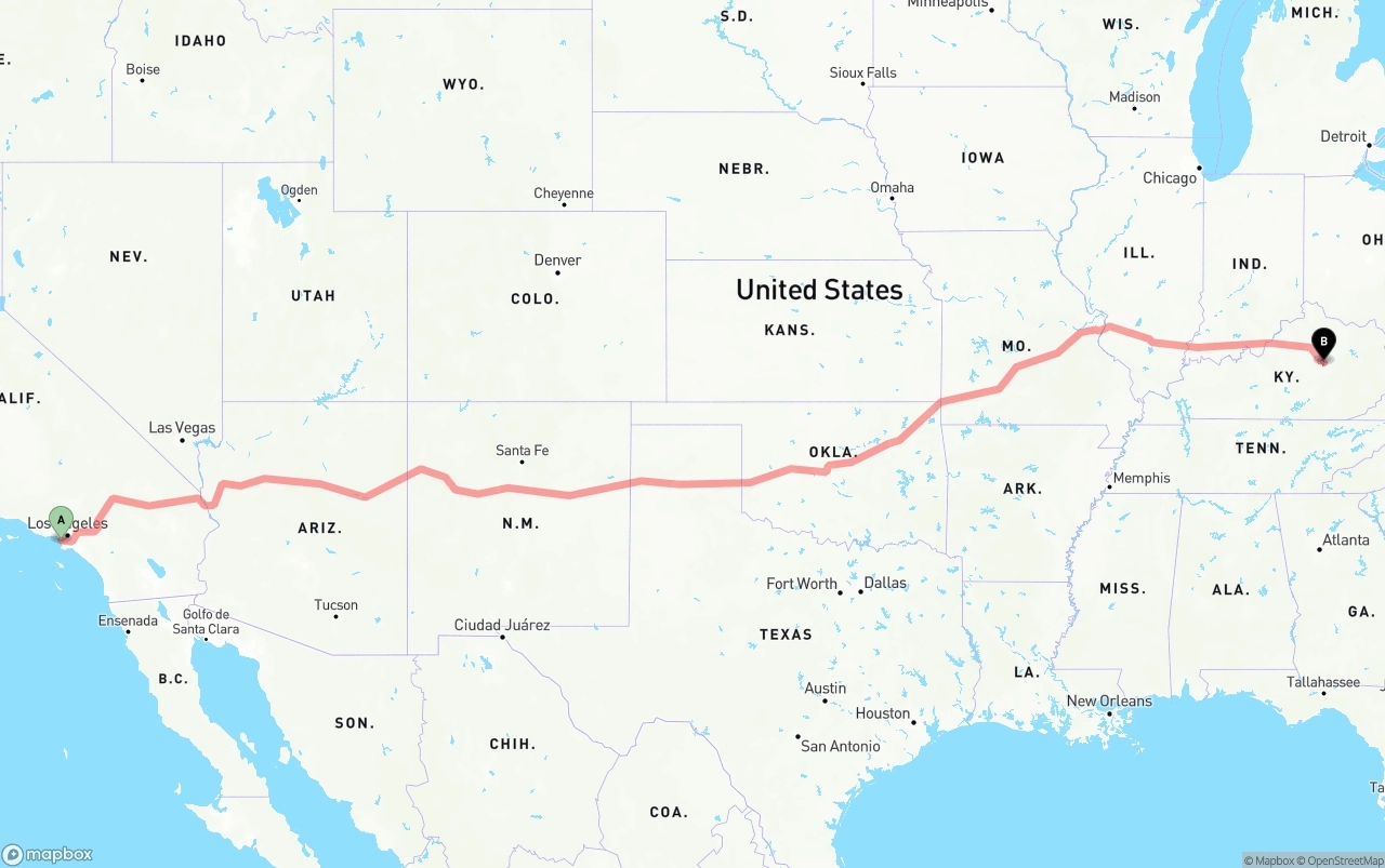 Shipping route from Los Angeles International Airport to Kentucky