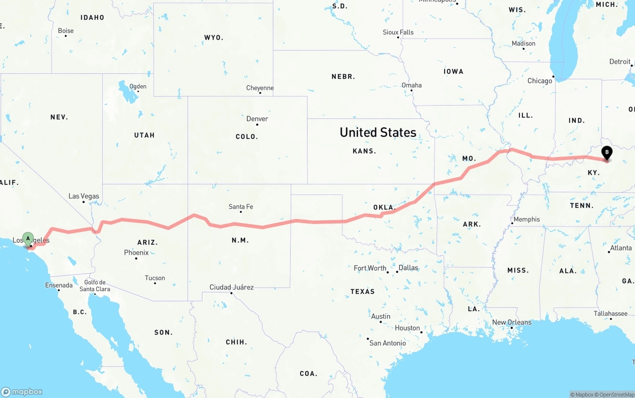 Shipping route from Los Angeles International Airport to Lexington