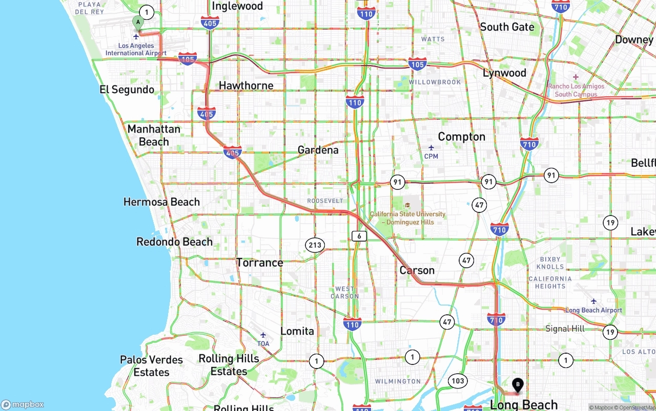 Shipping route from Los Angeles International Airport to Long Beach