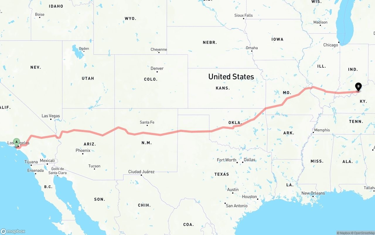 Shipping route from Los Angeles International Airport to Louisville