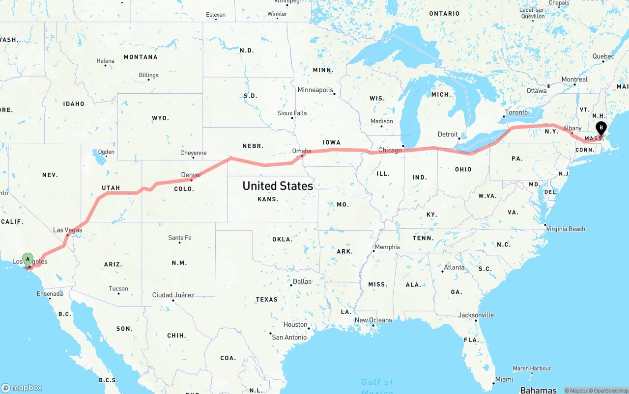 Shipping route from Los Angeles International Airport to Massachusetts