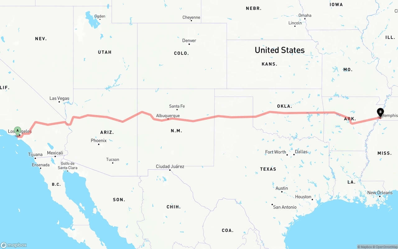 Shipping route from Los Angeles International Airport to Memphis