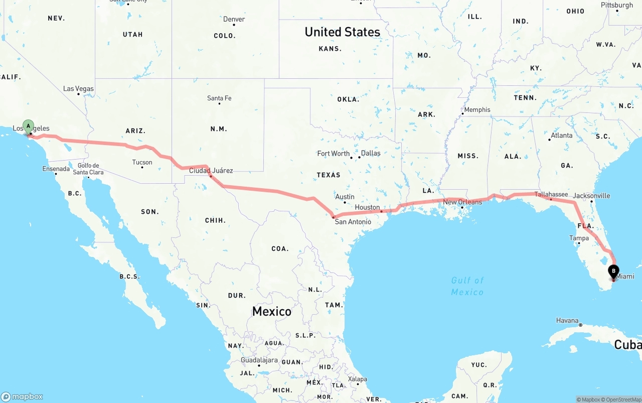 Shipping route from Los Angeles International Airport to Miami