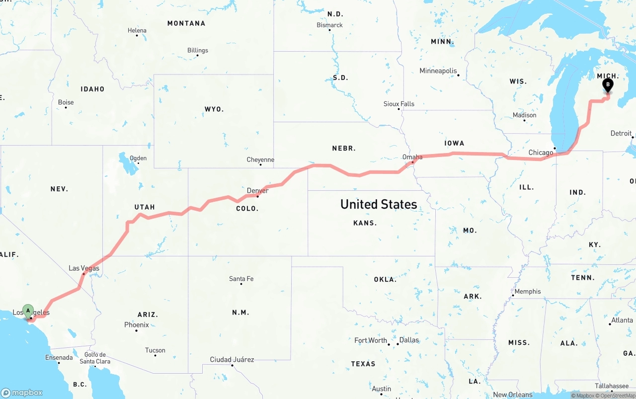 Shipping route from Los Angeles International Airport to Michigan