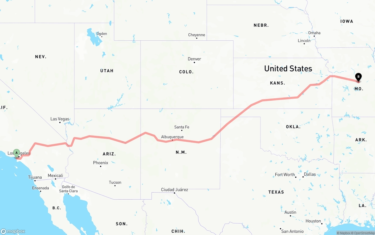 Shipping route from Los Angeles International Airport to Missouri