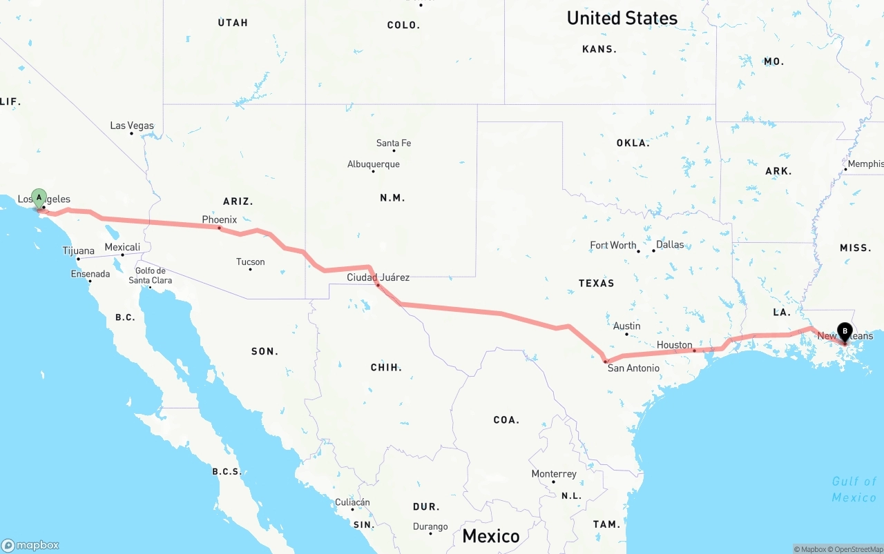 Shipping route from Los Angeles International Airport to New Orleans