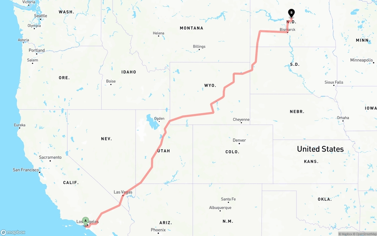 Shipping route from Los Angeles International Airport to North Dakota