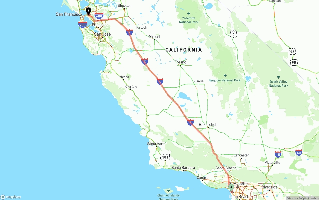 Shipping route from Los Angeles International Airport to Oakland