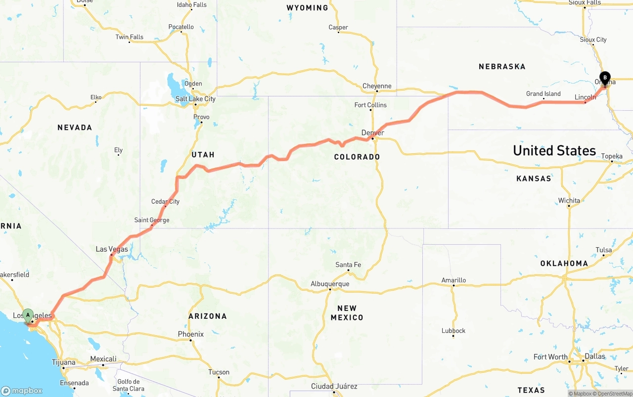 Shipping route from Los Angeles International Airport to Omaha