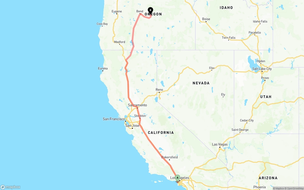Shipping route from Los Angeles International Airport to Oregon