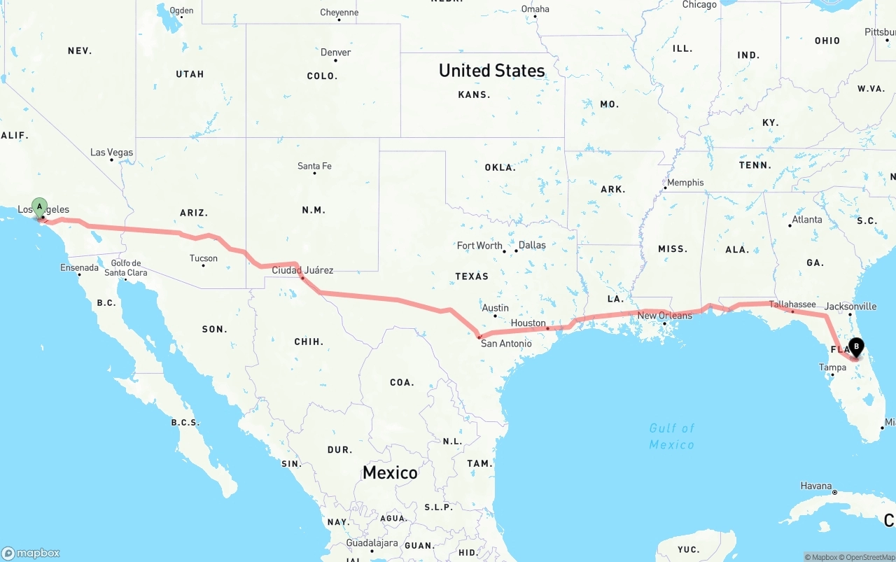 Shipping route from Los Angeles International Airport to Orlando