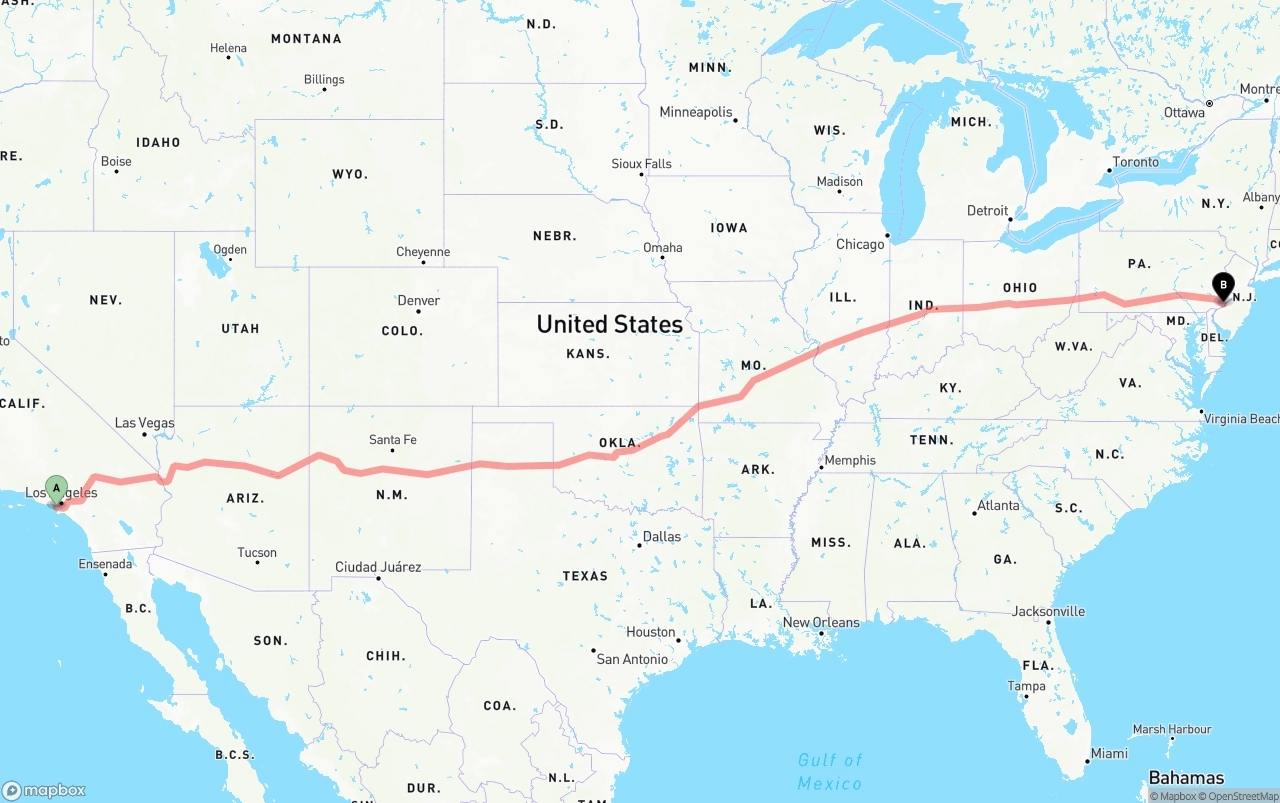 Shipping route from Los Angeles International Airport to Philadelphia