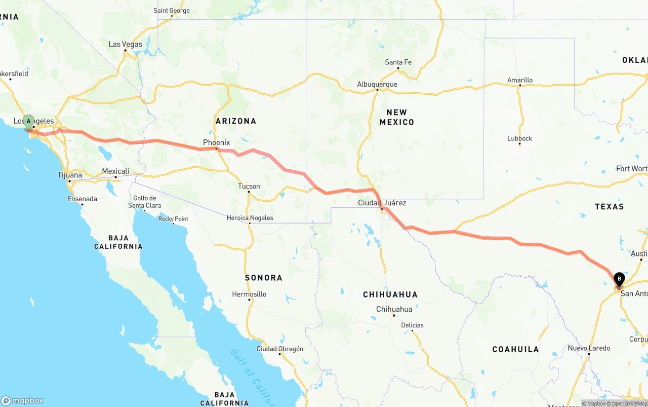 Shipping route from Los Angeles International Airport to San Antonio