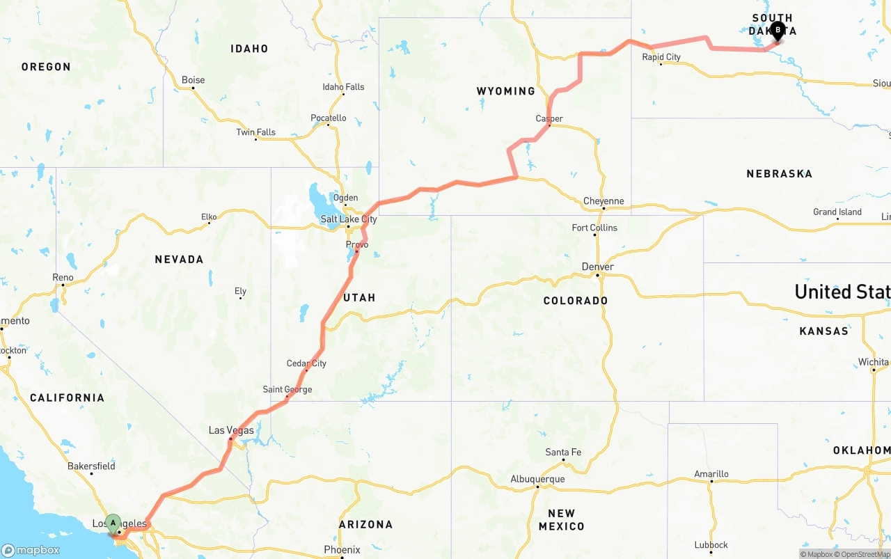 Shipping route from Los Angeles International Airport to South Dakota