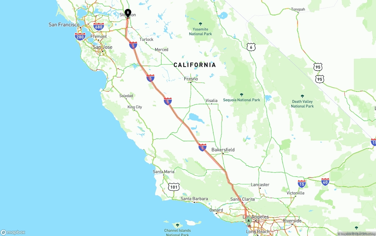 Shipping route from Los Angeles International Airport to Stockton