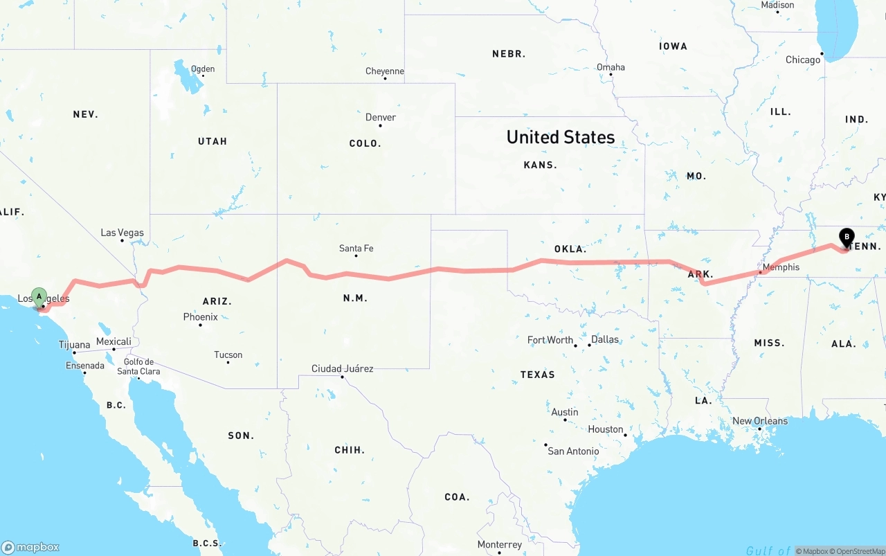 Shipping route from Los Angeles International Airport to Tennessee