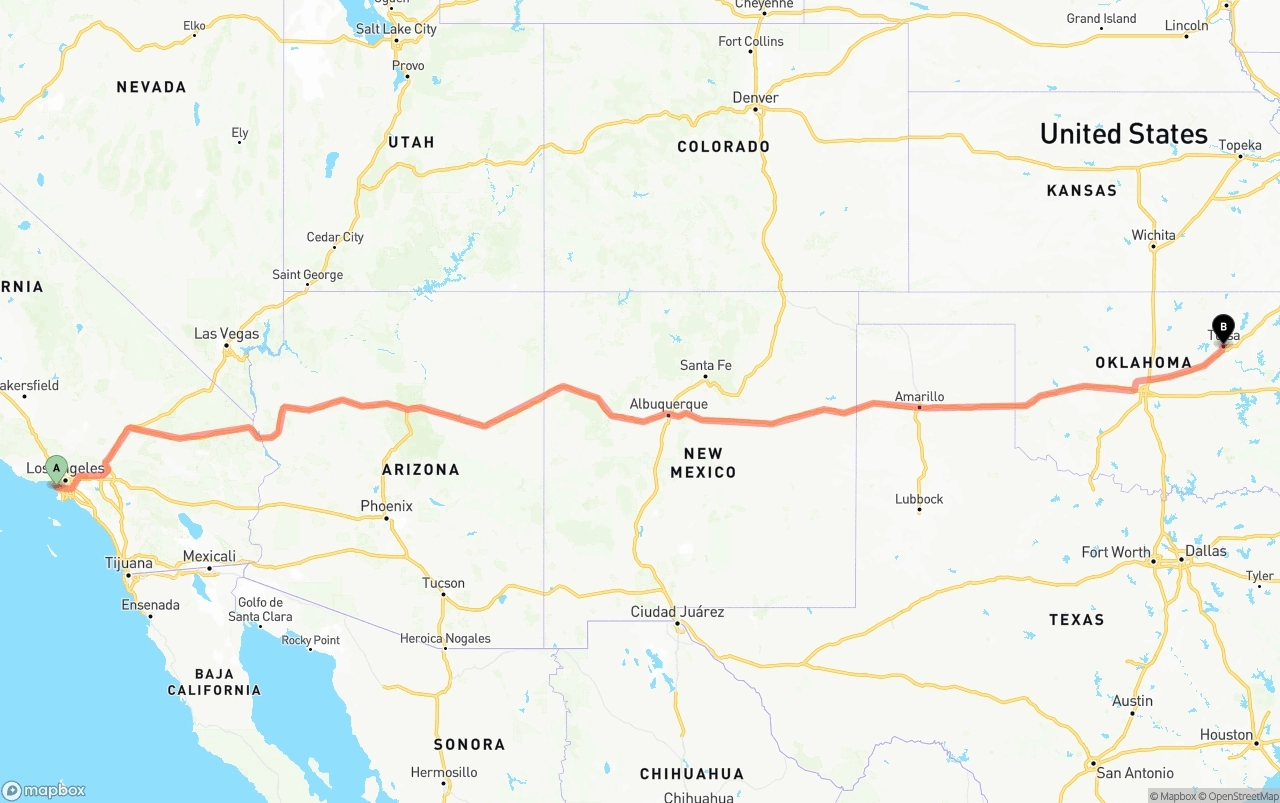 Shipping route from Los Angeles International Airport to Tulsa