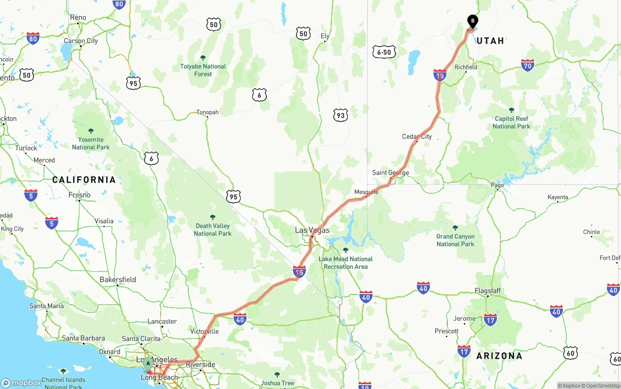 Shipping route from Los Angeles International Airport to Utah
