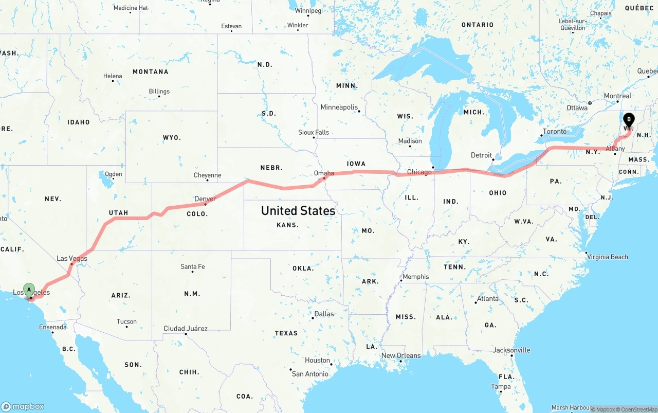 Shipping route from Los Angeles International Airport to Vermont