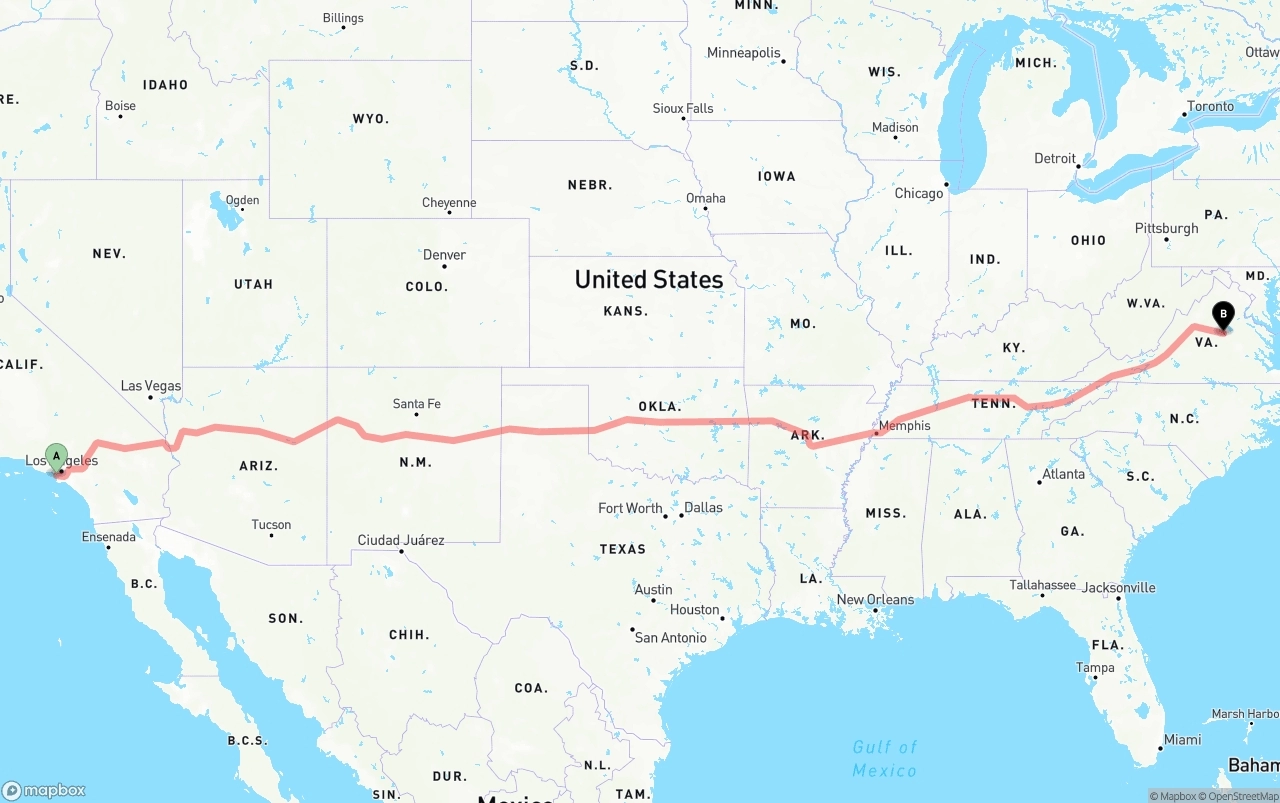 Shipping route from Los Angeles International Airport to Virginia
